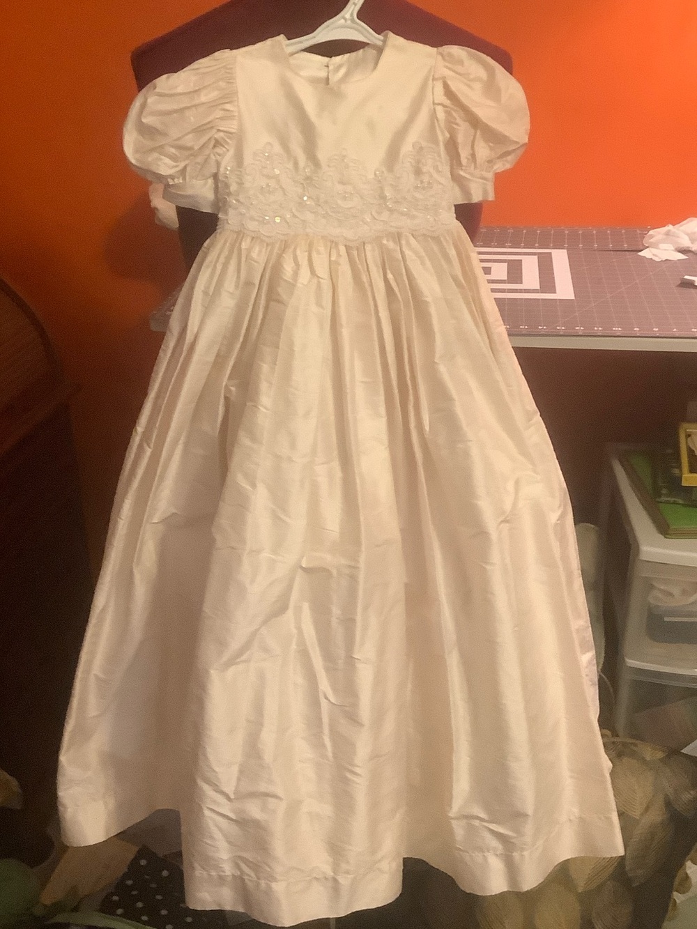 Raw silk Ivory Puff-Sleeve Christening Gown Dress